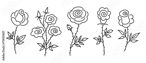 Set of hand drawn rose flowers. Vector black line illustration collection isolated on white background.