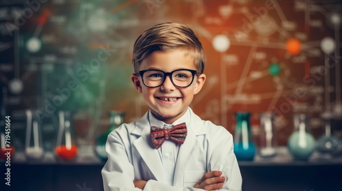 6 year old boy stands as a professor with a bow tie in front of a blackboard with formulas