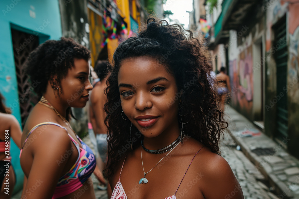 Smiling woman with curly hair and a seashell necklace stands out in a festive street, with other women in the background. Smiling woman with curly hair and a seashell necklace stands out in a festive street, with other women in the background.