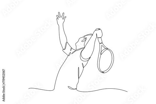 One single line drawing of a man blocks a smash from another player, graphic vector illustration. Sport training concept. Modern continuous line draw design for sport tournament banner and poster
