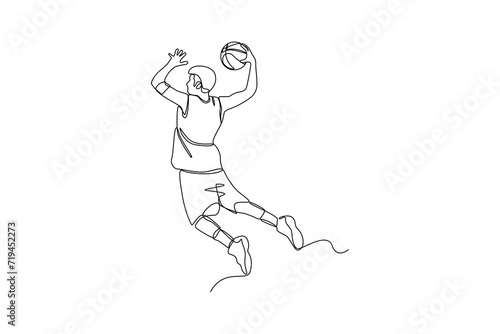 One single line drawing of a man with his basketball technique, graphic vector illustration. Sport training concept. Modern continuous line draw design for sport tournament banner and poster