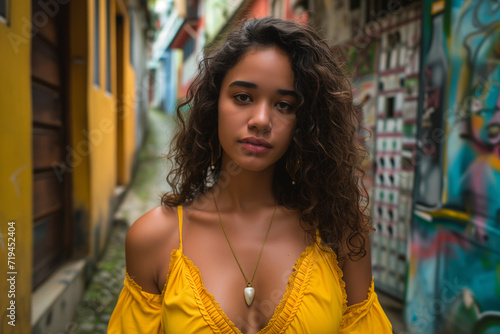 Serene woman in a yellow off-shoulder top, with a charming alley and graffiti as a colorful backdrop.