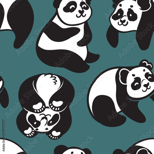 Black and white cute cartoon pandas on dark cyan. Seamless pattern in vector
