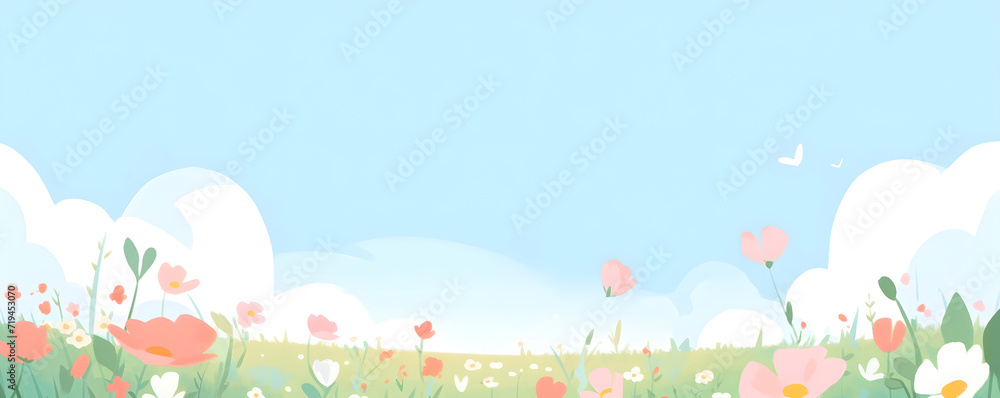 Cheerful nature landscape with copy space. Banner with spring, summer flowers field. Panoramic kids flat illustration of meadow with wildflowers on a background of mountains, blue sky and clouds. Cheerful nature landscape with copy space. Banner with spring, summer flowers field. Panoramic kids flat illustration of meadow with wildflowers on a background of mountains, blue sky and clouds.