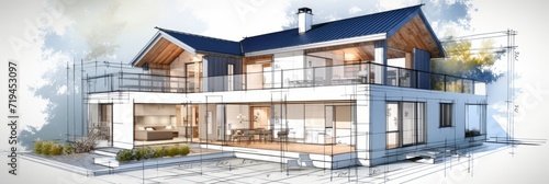 vision of architecture of a 3d model house project with blueprint