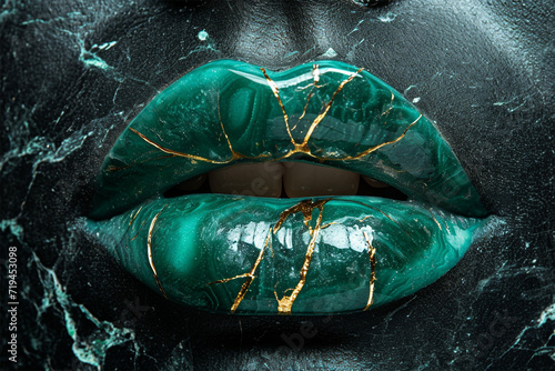 crystal malachite lips with transparent gold kintsugi lines against the background of the model's black marbled skin