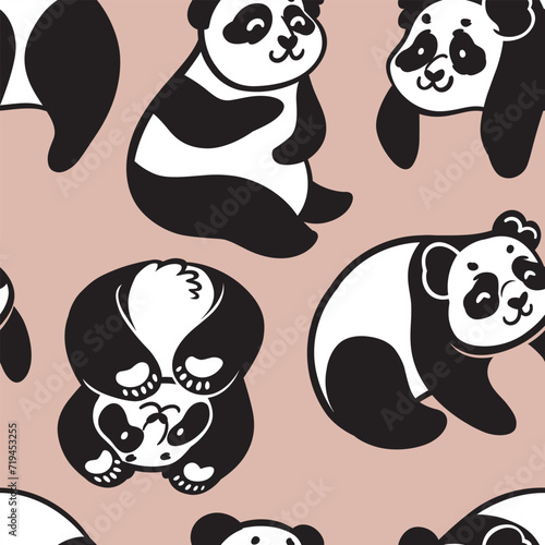 Black and white cute cartoon pandas on very soft red. Seamless pattern in vector