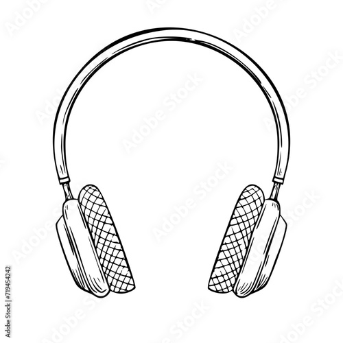 Headphone vector illustration. Hand drawn drawing of Earphone in outline style. Linear sketch of music equipment painted by black and white inks. Line art of sound technology. Monochrome engraving.