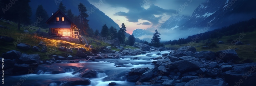 Old romantic illuminated wooden cabin in the mountains by a wild stream torrent at dusk