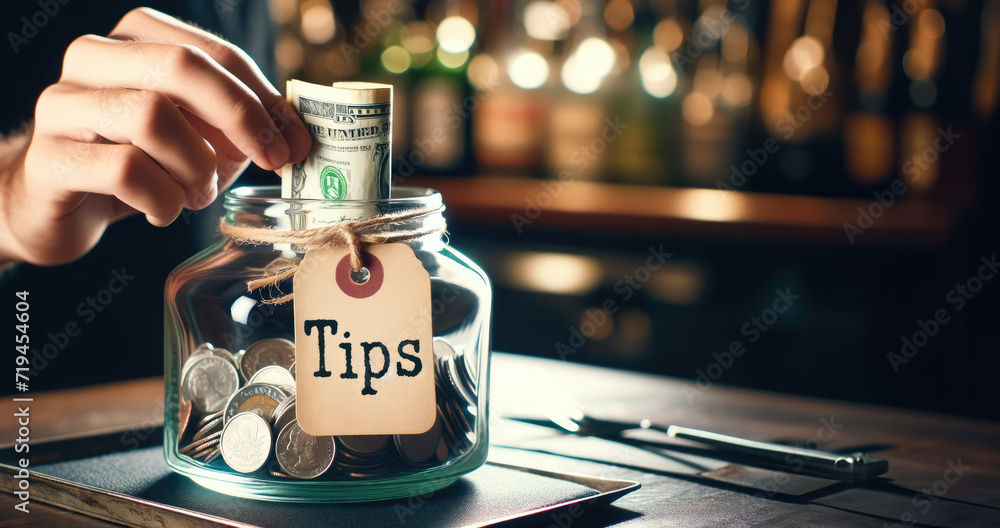 Hand Placing Money into Glass Tip Jar at Restaurant - obrazy, fototapety, plakaty 