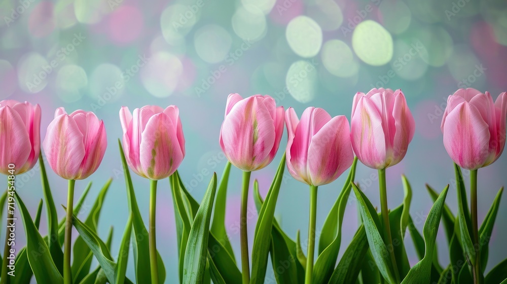 A Row of Delicate Pink Tulips with Soft Petals and Vibrant Green A Row of Delicate Pink Tulips with Soft Petals and Vibrant Green