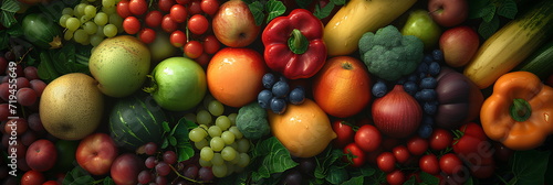 Various types of fruits and vegetables Fresh and colorful Spread across the entire picture Contains important nutrients for the body Suitable for use in making presentations about healthy food.