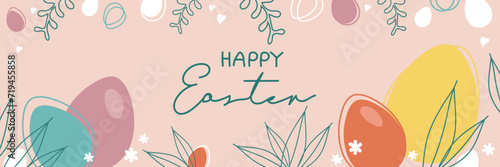 Happy Easter banner, poster, greeting card. Trendy Easter design with typography, flowers, eggs, in pastel colors. Modern minimal style suitable for invitations, greeting cards and advertising.
