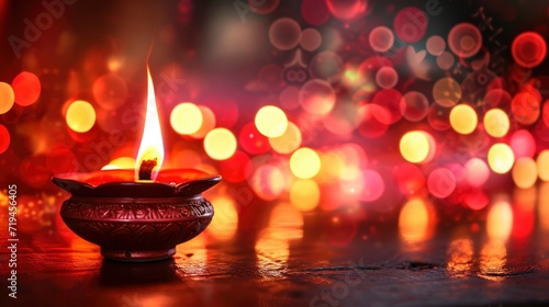  Burning diya lamp with red bokeh lights