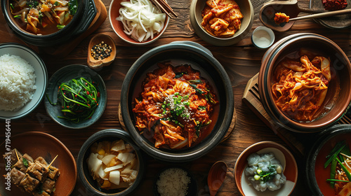 Traditional Korean Cuisine Feast with Kimchi Centerpiece