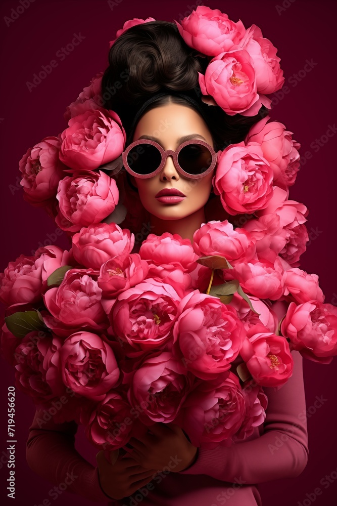 Portrait of a woman wearing sunglasses and holding a large bouquet of red and pink peony flowers. Vivid colors. Spring blooming concept.