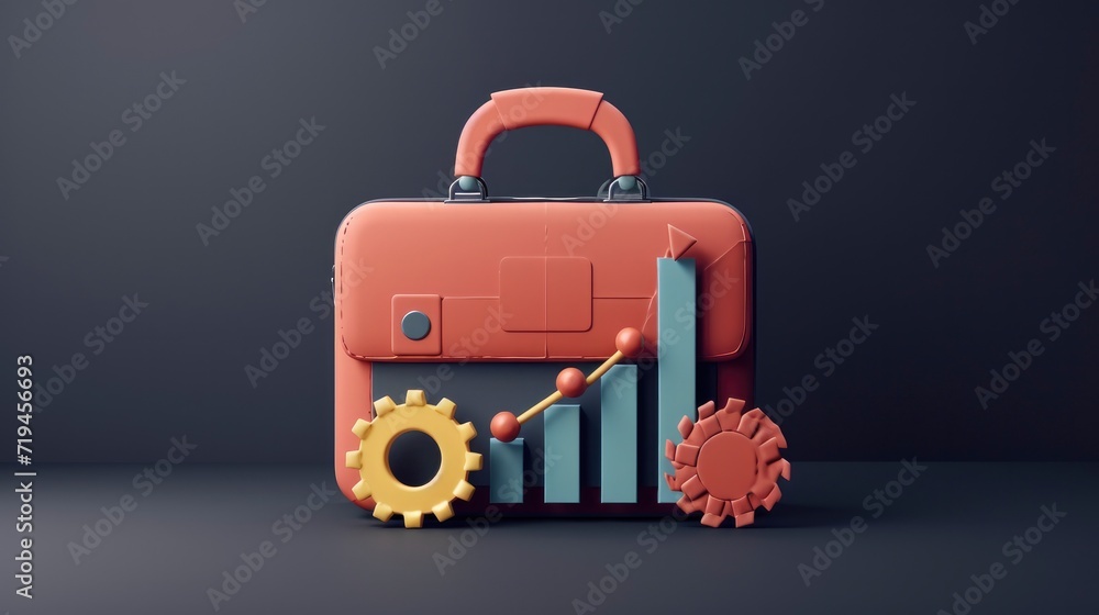 A Sleek 3D Icon with Modern Briefcase, Upward Graph Chart, and Cogwheel for Efficiency A Sleek 3D Icon with Modern Briefcase, Upward Graph Chart, and Cogwheel for Efficiency