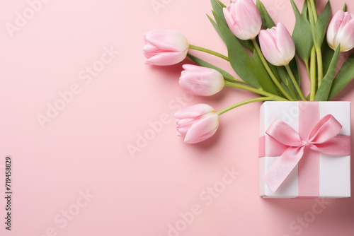 Pink tulips arranged in white gift box with pink bow. Suitable for various occasions and celebrations © vefimov