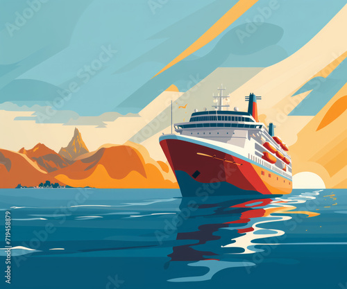 Illustration of a Cruise Ship Sailing at Sunset with Mountainous Landscape © Sol Revolver Group
