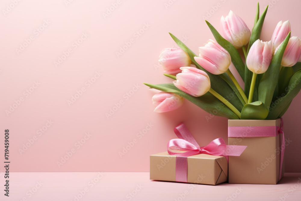 Beautiful bouquet of pink tulips placed next to gift box. Perfect for expressing love, gratitude, or for any special occasion. Beautiful bouquet of pink tulips placed next to gift box. Perfect for expressing love, gratitude, or for any special occasion.