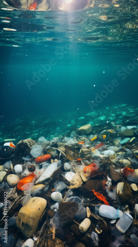 A disturbing view of the ocean floor littered with various trash, showcasing the severity of underwater pollution.