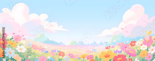 Children's book flat lay illustration with a blooming flowers field. Spring meadow with wildflowers. Panoramic flat banner with summer nature landscape with copy space. Concept design for kids room