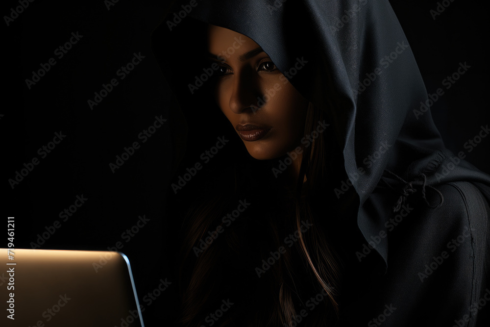 Woman wearing hood is focused on her laptop screen. This image can be used to depict concentration, technology, or remote work Woman wearing hood is focused on her laptop screen. This image can be used to depict concentration, technology, or remote work