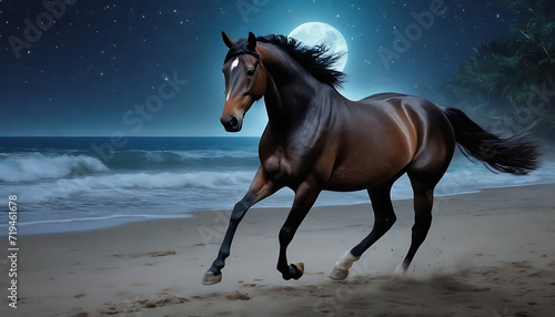Beautiful Horse Running on Beach in Moonlight, Celestial Equine Serenity: Cybernetic Nighttime Gallop