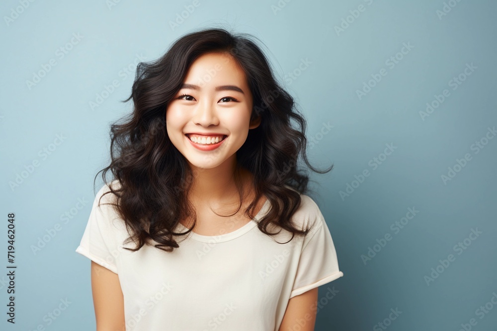 Smiling Asian young woman on light blue background with copy space Smiling Asian young woman on light blue background with copy space