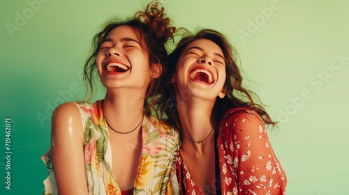 Funny best friends laughing cheerfully while standing together in a studio isolated on pastel green background