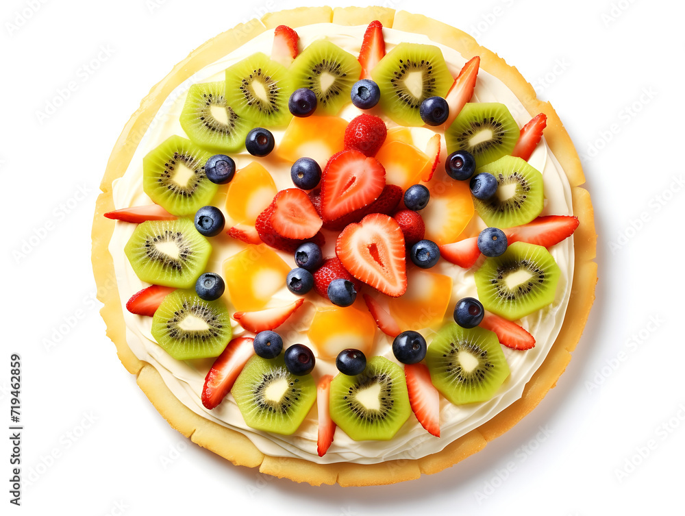 Delicious fruit pizza with isolated white background Delicious fruit pizza with isolated white background
