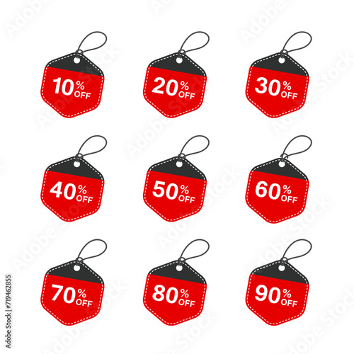 Set of label sales and discounts. Price off tag icons flat design collection set. 10, 20, 30, 40, 50, 60, 70, 80, 90 percent sales. Vector illustration.