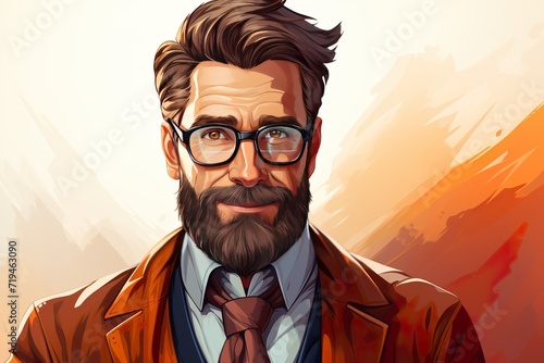 bearded businessman handsome professor with glasses illustration cartoon vector in white background