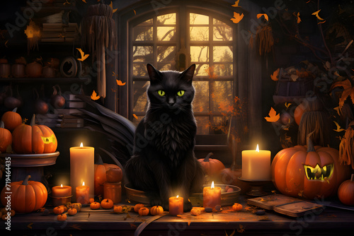 Mystical Halloween Retreat A mystical Halloween background featuring a fantasy black cat witch in a magical fairy cabin. Generative AI,