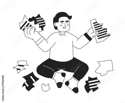 Important documents ruined by toddler naughty black and white cartoon flat illustration. Laugh caucasian kid tears paper linear 2D character isolated. Happy accident monochromatic scene vector image