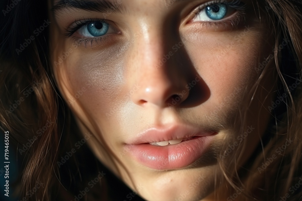 Close-up portrait of a beautiful young woman with blue eyes and brown hair