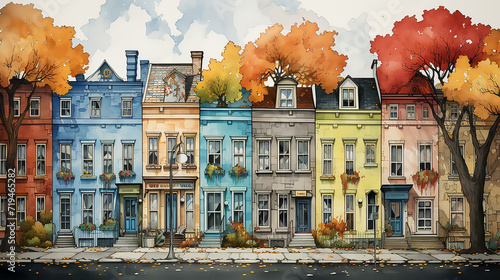 Houses in autumn with trees wearing orange leaves. painted with watercolors	
