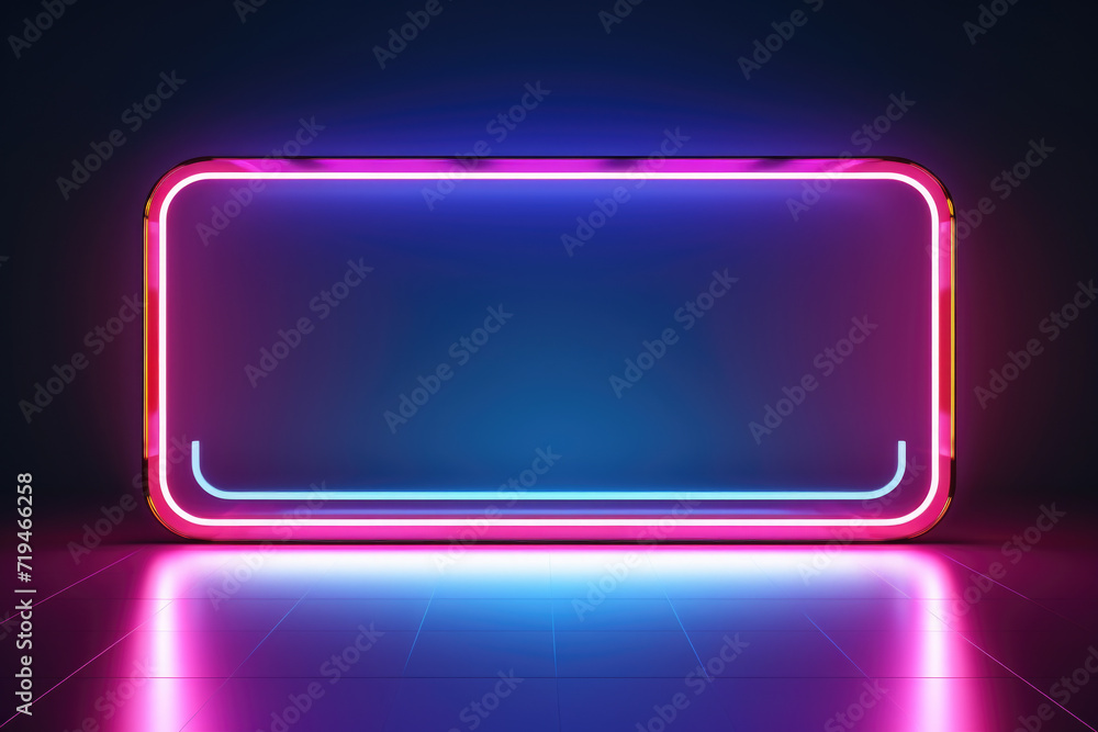 Neon frame in middle of room. Can be used for interior design or futuristic concepts Neon frame in middle of room. Can be used for interior design or futuristic concepts