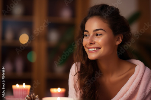 Woman sitting at table with cake and candles. Perfect for birthday celebrations or special occasions