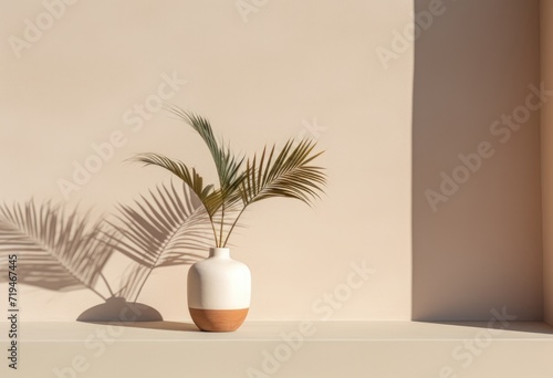 a white vase with palm tree outdoors near wall, in the style of light brown and light beige, minimalist backgrounds