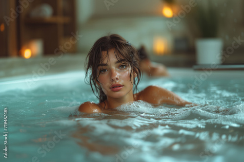 Young beauty woman in sauna bathroom. Close up portrait of female in water