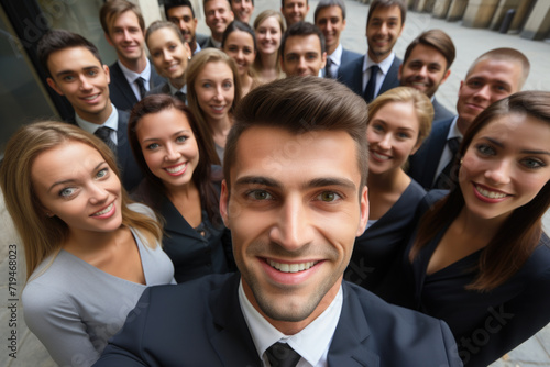 Group of business people standing together and posing for picture. Suitable for business-related designs and presentations