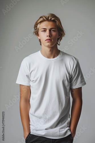 a young blonde man wearing a plain white t-shirt mockup