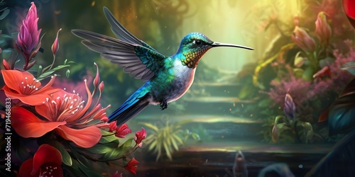 Beautiful Hummingbird in Tropical Garden. AI generated Illustration © Poulami