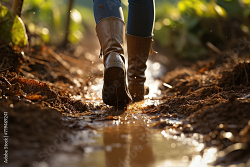 Person is seen walking through puddle of water. This image can be used to depict outdoor activities, rainy weather, or concept of overcoming obstacles