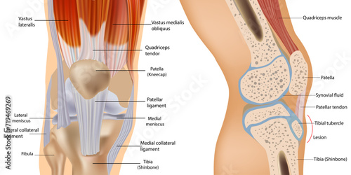 Knee anatomy including ligaments, cartilage and meniscus. Detailed Anatomy of the Knee Joint cross-section. Muscles and Tendons