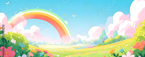 Spring meadow with flowers. Children's book illustration with a rainbow over a blooming flowers field. Panoramic flat banner with summer nature landscape with copy space. Concept design for kids room.