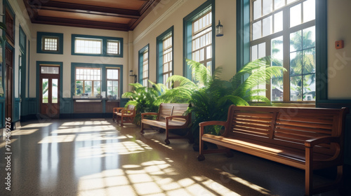 Tropical Hallway with Benches and Plants