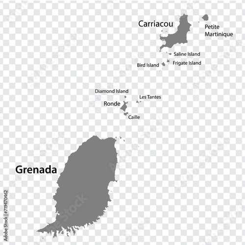 Blank map Grenada in gray. Every Island map is with titles. High quality map of  Grenada on transparent background for your web site design, logo, app, UI. EPS10. photo