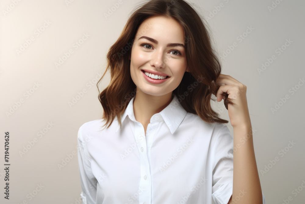 Woman wearing white shirt poses for picture. Suitable for various uses